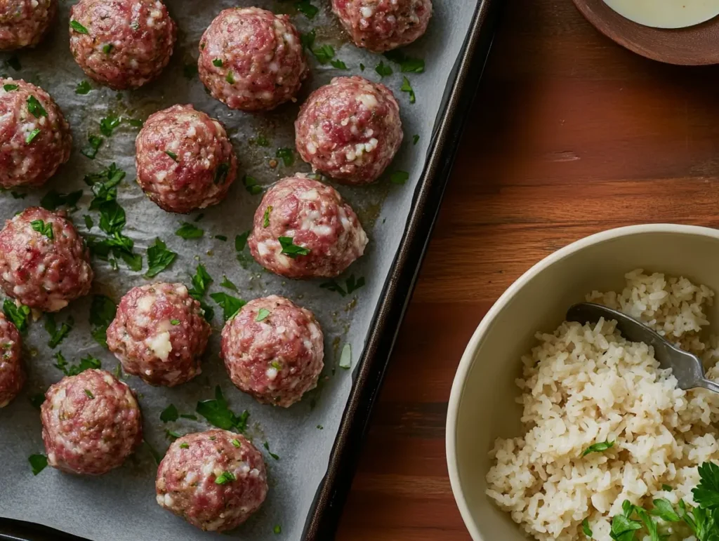 Raw porcupine meatballs with rice, ready to cook, placed on a baking tray with a bowl of ground meat mixture nearby.