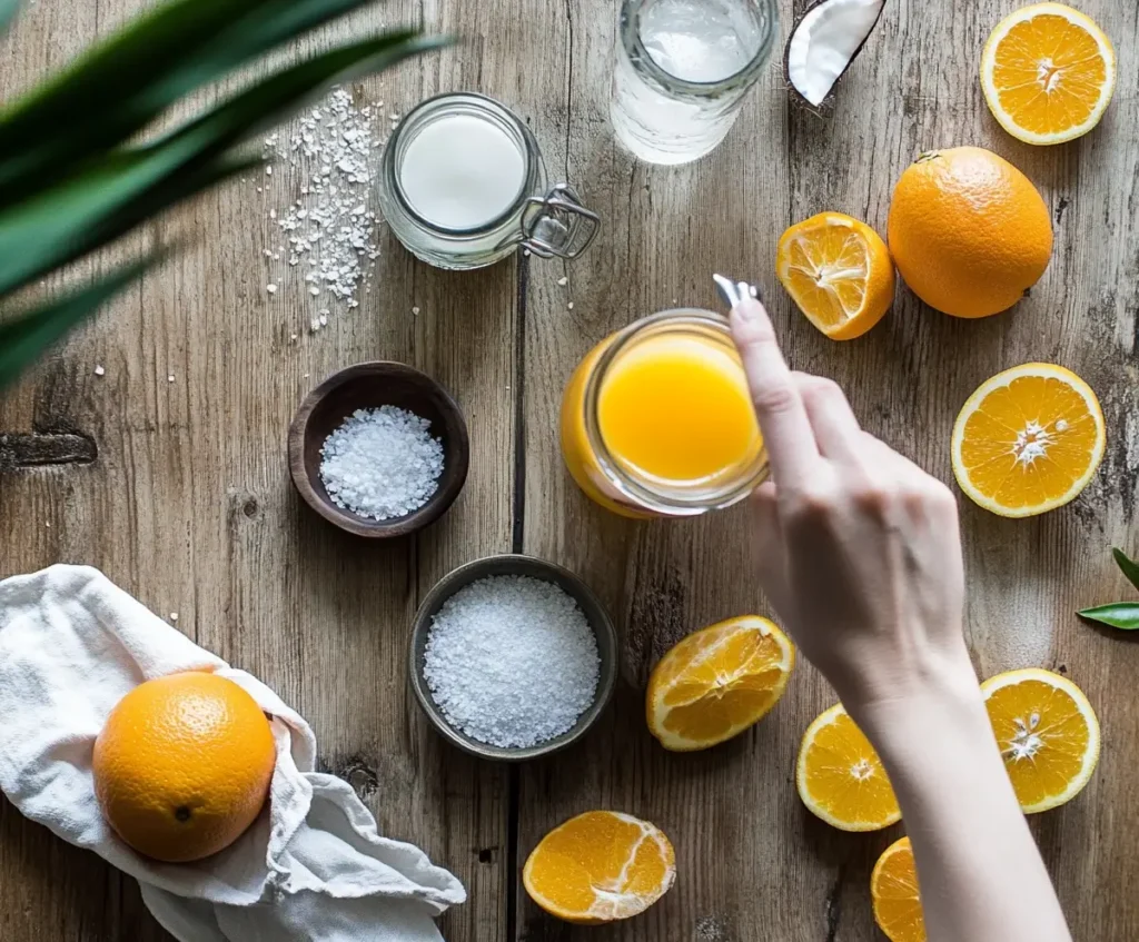 Pouring fresh orange juice into a glass jar to prepare an adrenal cocktail with coconut water and sea salt nearby