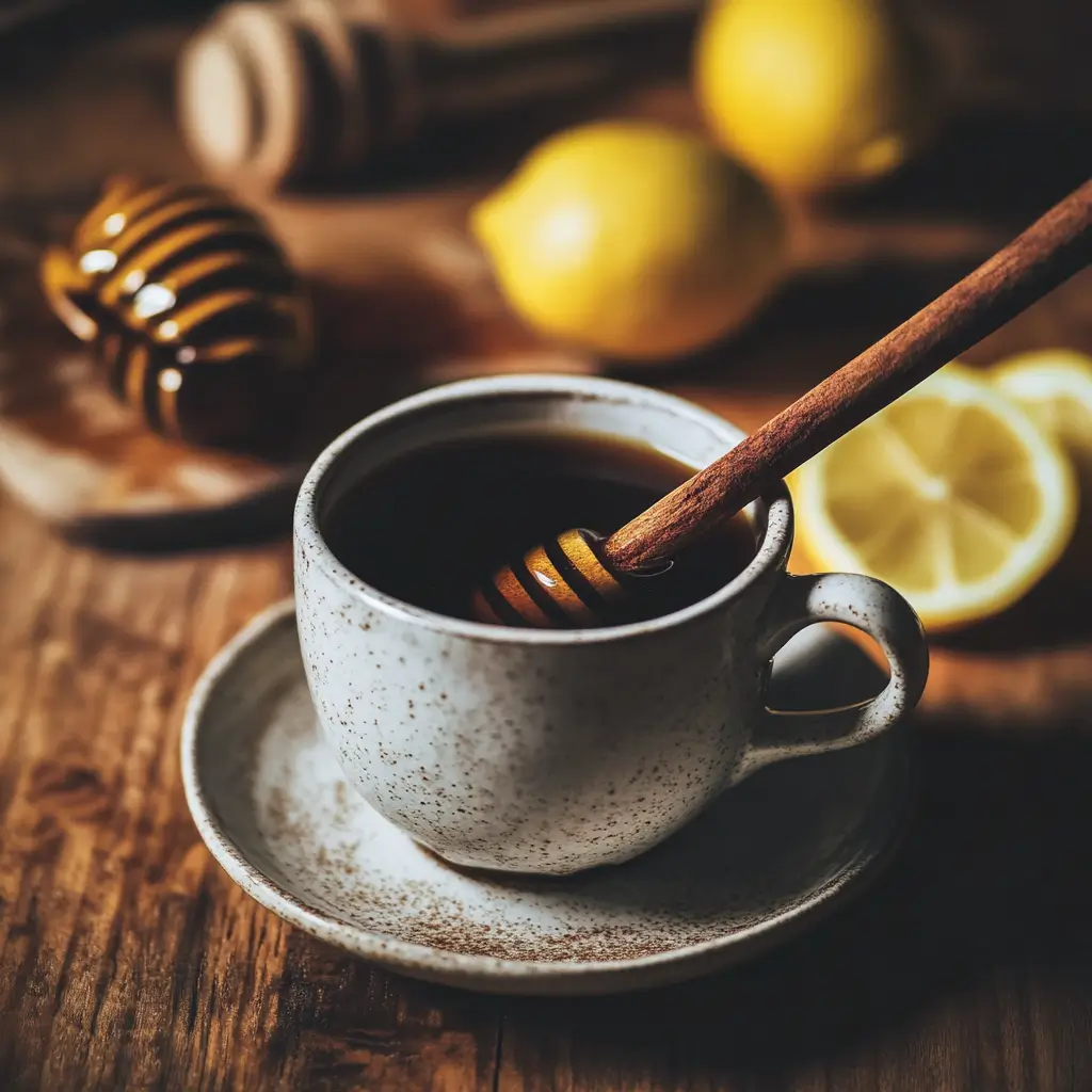 A cup of coffee being stirred with cinnamon, with honey and lemon in the background for the coffee loophole recipe.