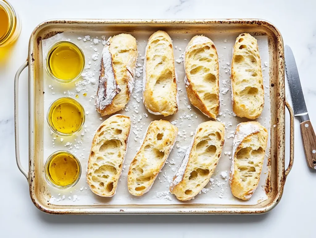 Baguette slices brushed with olive oil and sprinkled with sea salt on a baking tray.