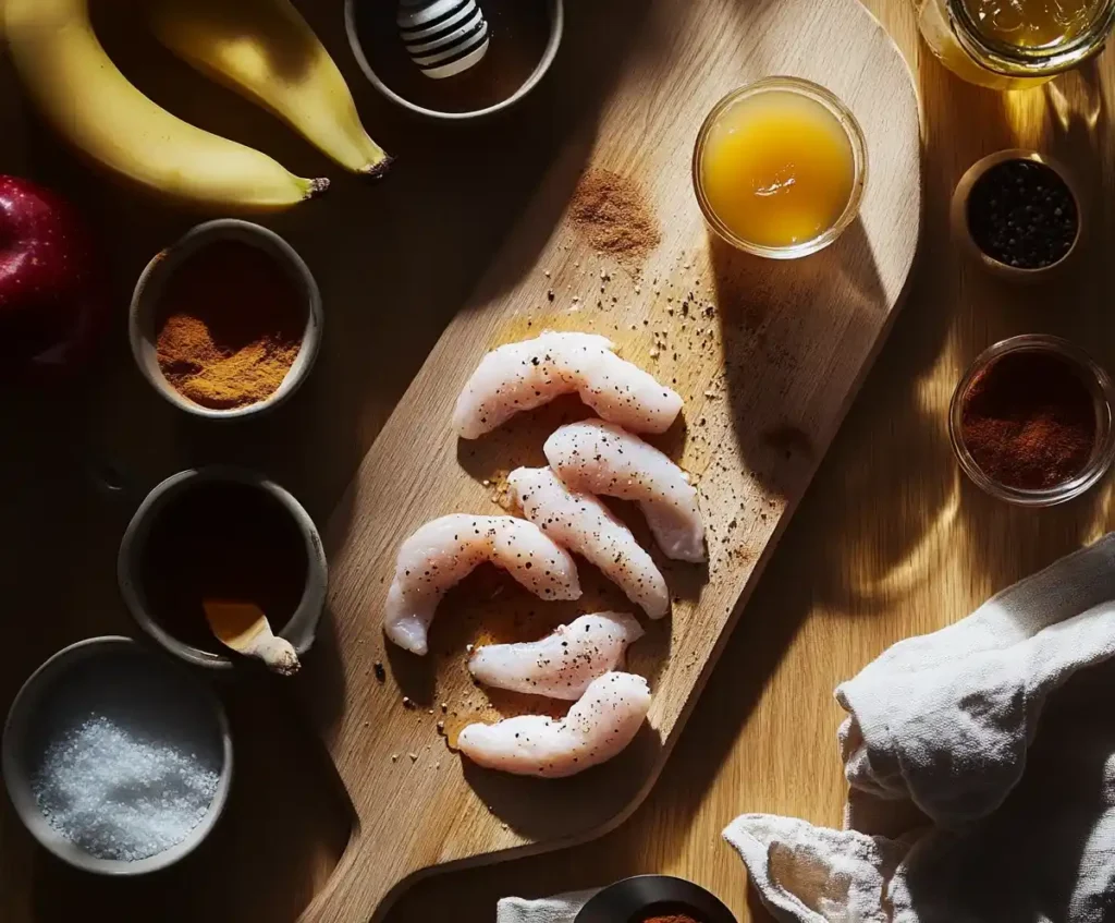 Seasoned raw chicken tenders on a wooden board with bowls of apple juice, honey, and spices for cooking preparation.