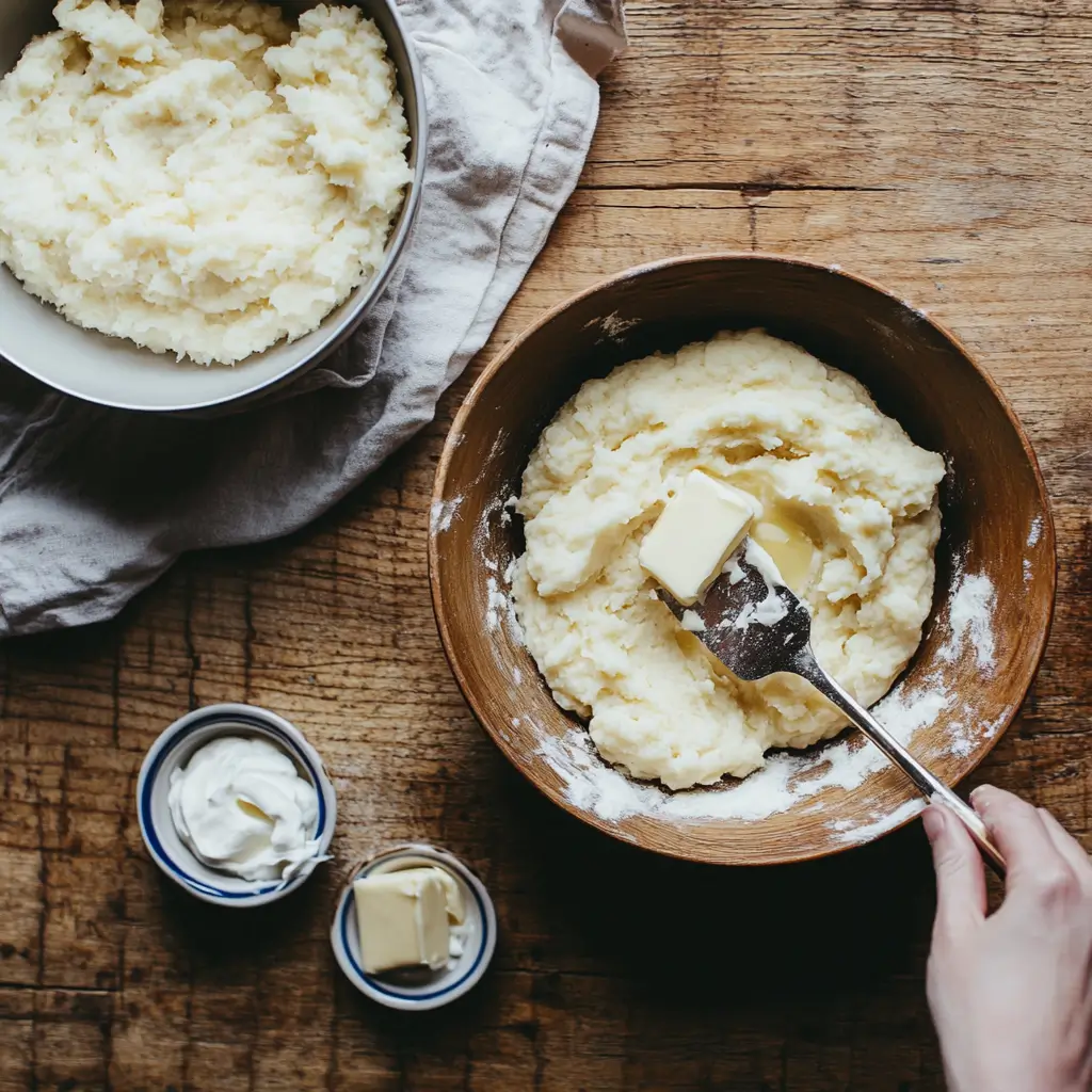 Wooden countertop with biscuit dough, mashed potatoes, and rice prepared as bases for a casserole