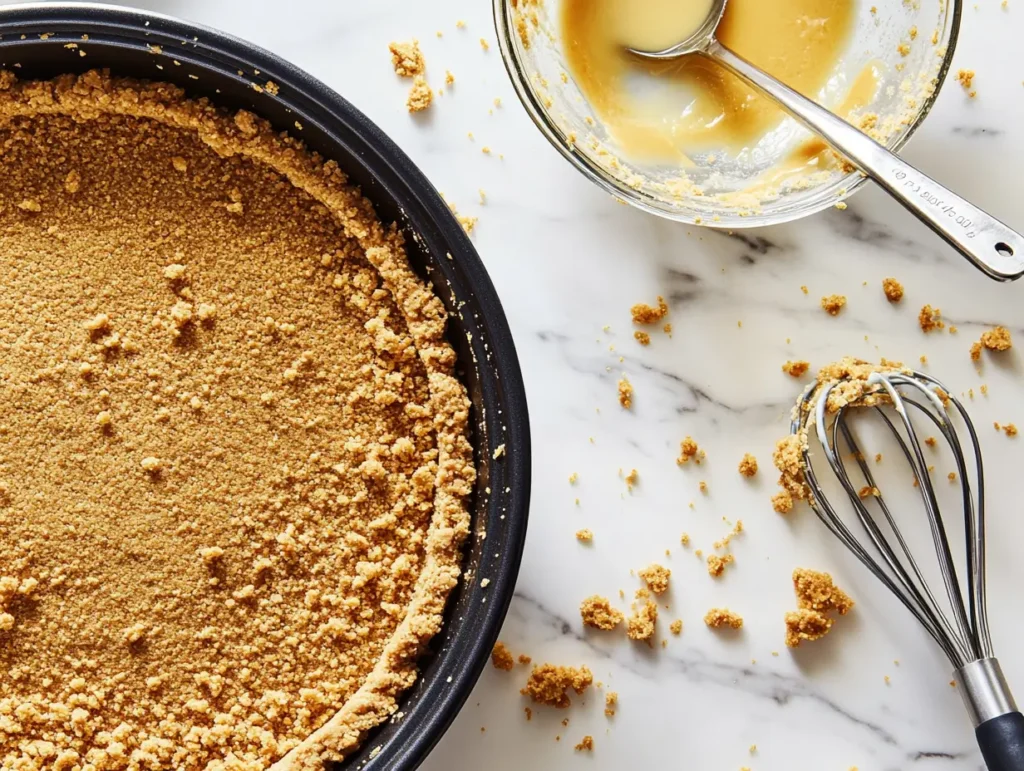 Overhead shot of graham cracker crust being pressed into a pie pan with baking tools and ingredients on a marble countertop.