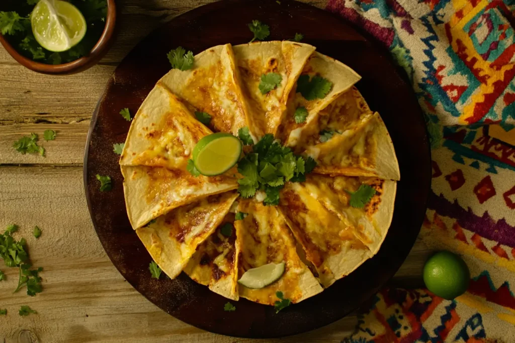 Overhead shot of quesabirria tacos with crispy tortillas, melted cheese, fresh cilantro, lime wedges, and consomé