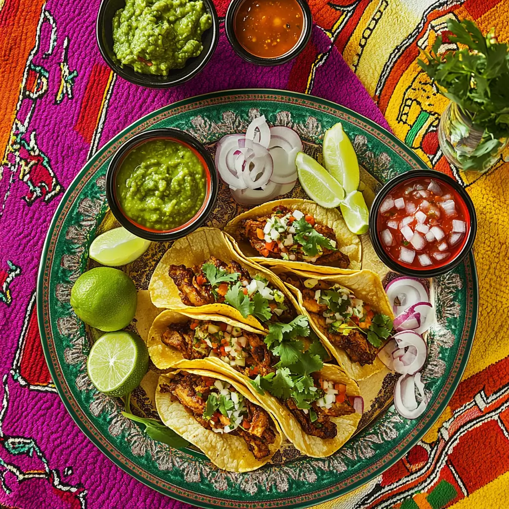 Overhead view of a platter of quesabirria tacos served with salsa verde, guacamole, diced onions, cilantro, and lime wedges