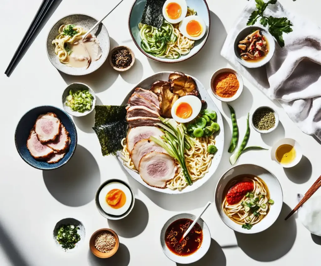 Assorted ramen toppings, including chashu pork, soft-boiled eggs, scallions, nori, and shiitake mushrooms on ceramic dishes