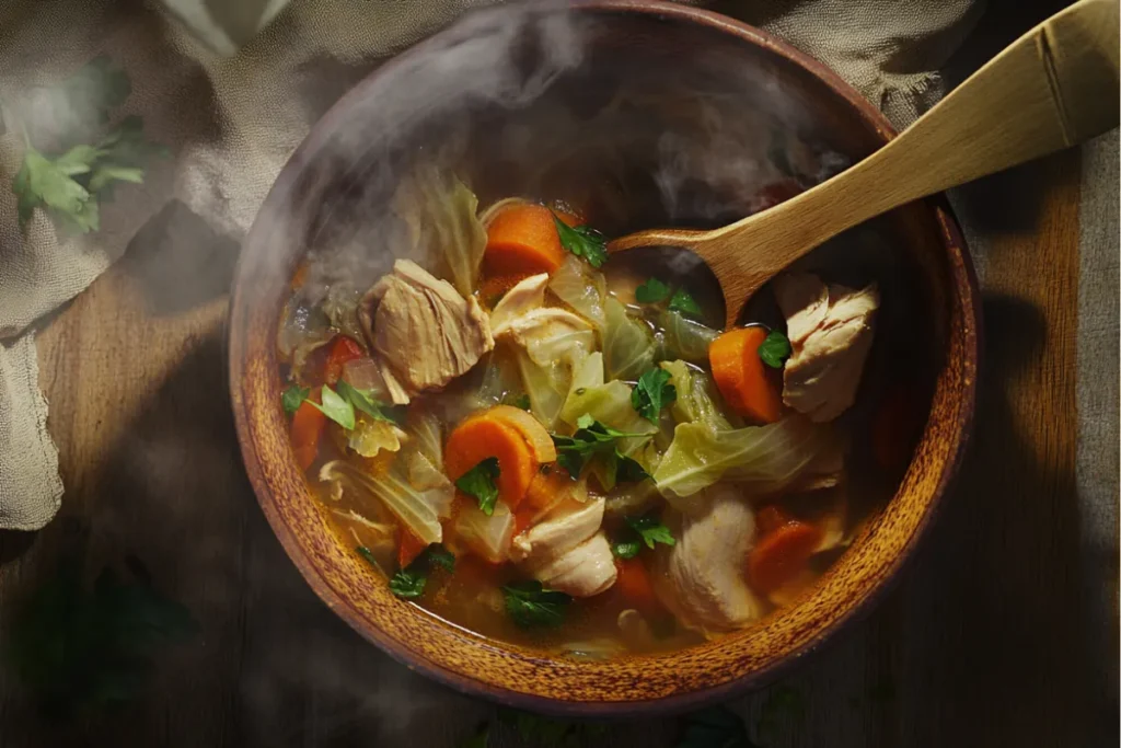 A bowl of Healthy Chicken and Cabbage Soup served with crusty bread and garnished with fresh parsley.