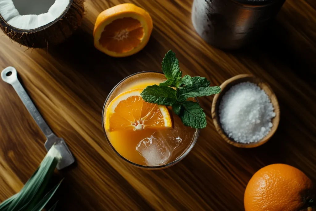 Glass of adrenal cocktail garnished with orange wedge and mint, surrounded by fresh oranges and sea salt on a rustic table.