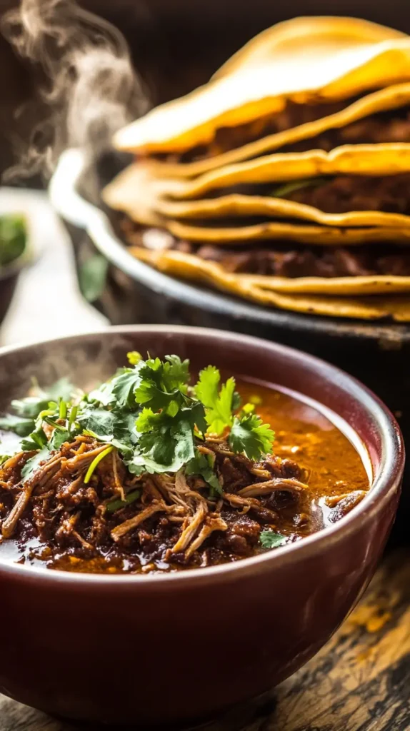 Close-up of birria consomé with fresh cilantro and shredded birria meat, with stacked quesabirria tacos steaming in the background