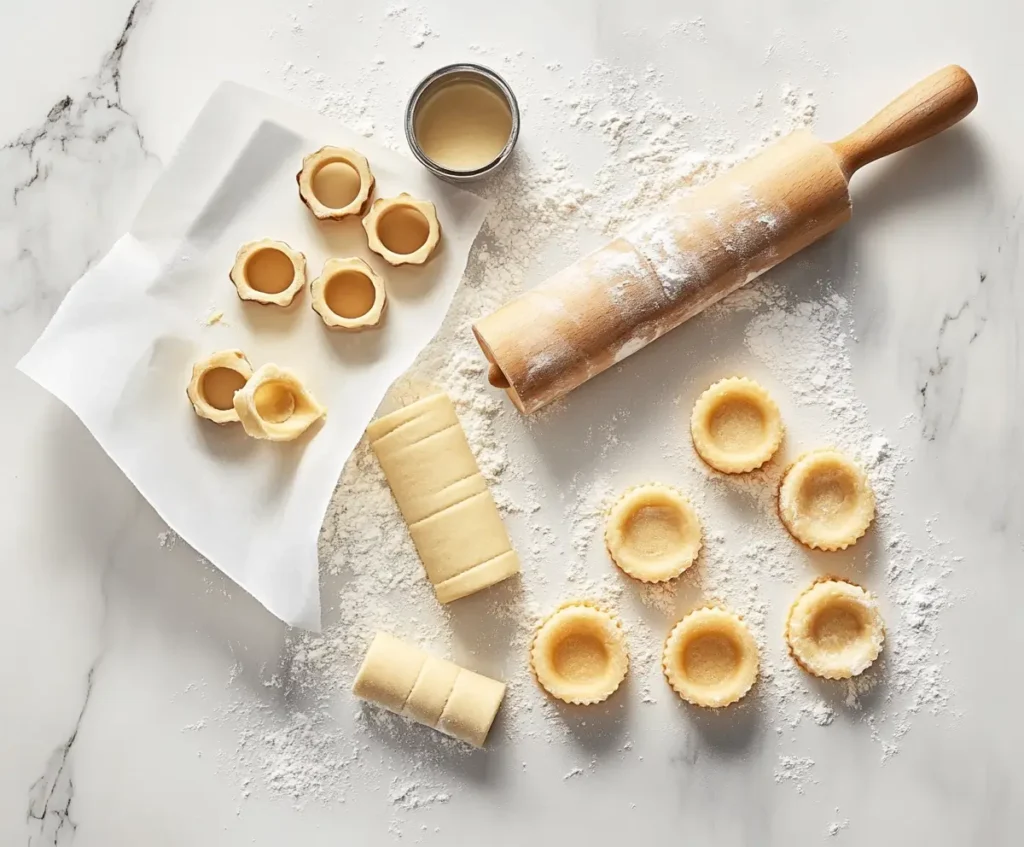 Rolled-out wafer cookie dough with cookie cutters and a rolling pin on a floured marble surface.