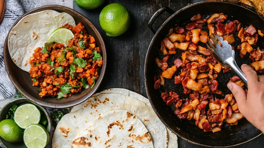 Overhead view of a traditional Mexican discada cooked in a plowing disc with tortillas and lime wedges.