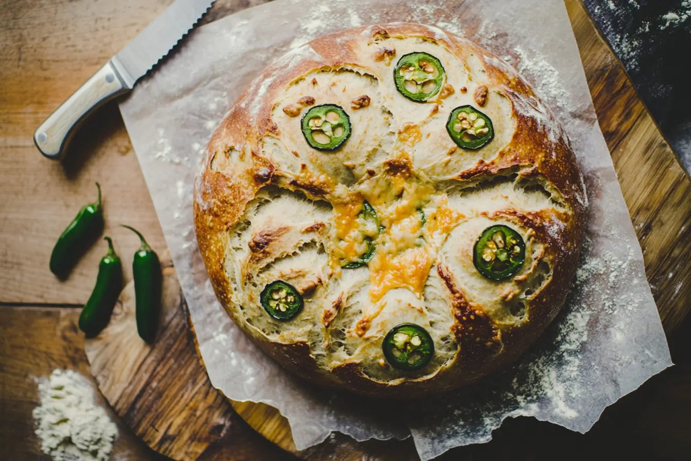 Close-up of freshly baked vegan jalapeno cheese artisan bread on parchment paper, golden crust with melted vegan cheese and jalapeños.