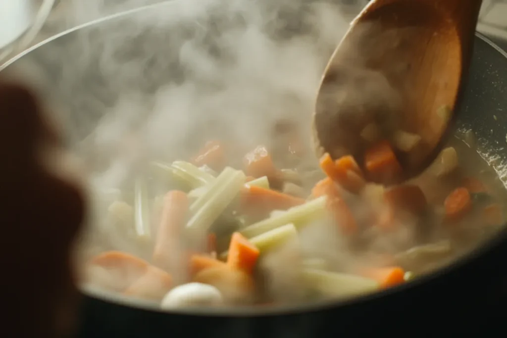 Vegetables like carrots, celery, and onions being sautéed in a soup pot, creating a flavorful base for Healthy Chicken and Cabbage Soup.