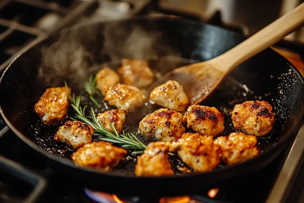 Searing golden-brown chicken pieces in a cast-iron skillet with a wooden spoon and fresh rosemary.