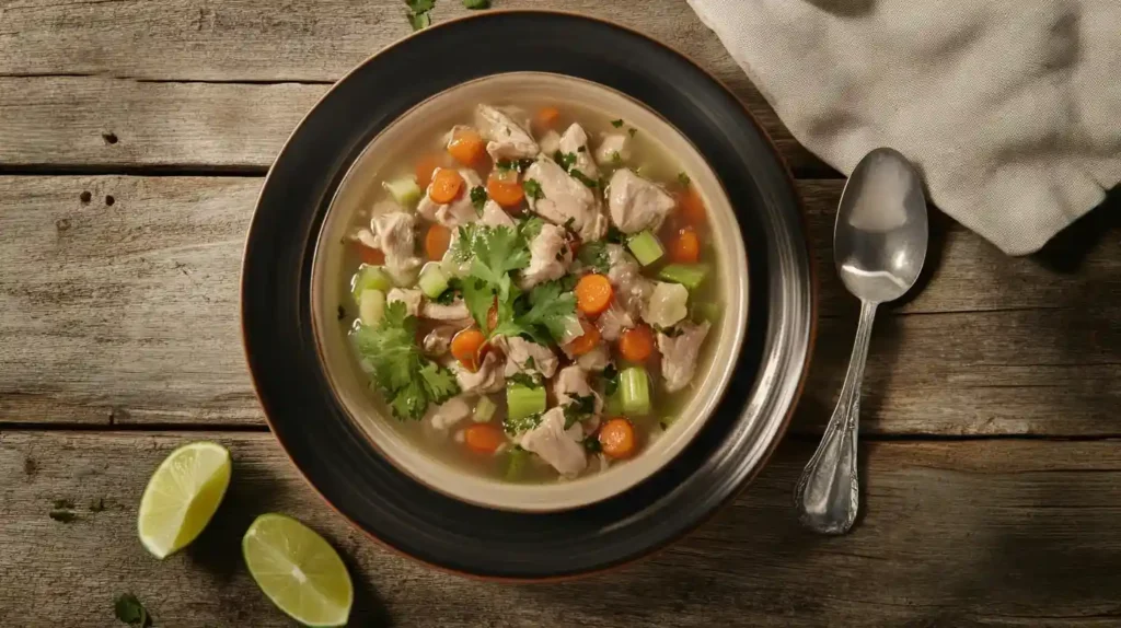 A pot of consome de pollo simmering with chicken, vegetables, and herbs, with steam rising.