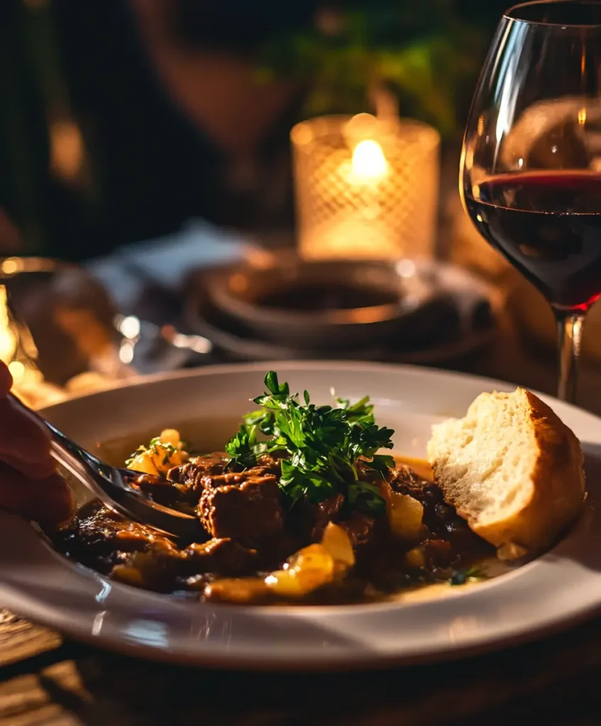 A plate of beef stew served with crusty bread and garnished with parsley, paired with a glass of red wine.