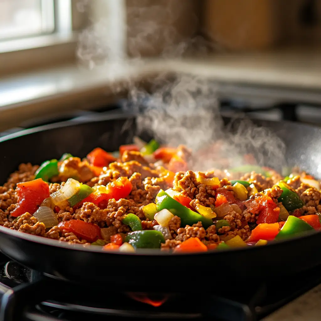 Ground chicken browning in a skillet with bell peppers and onions for Cajun Chicken Sloppy Joes.