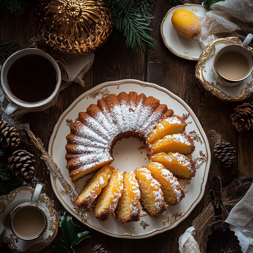 Slices of Caribbean rum cake served with powdered sugar and tropical fruit garnish.