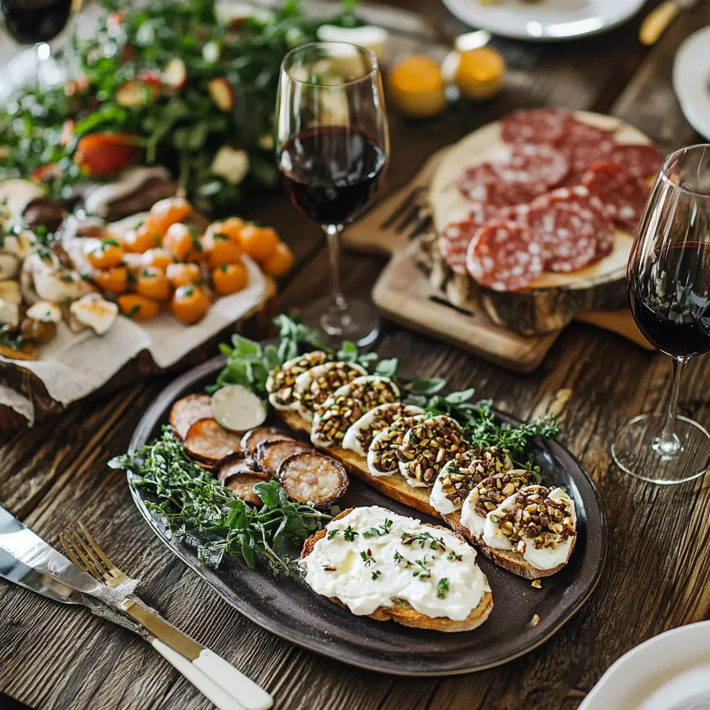 Table setup with goat cheese and pistachio bruschetta served alongside wine, salad, and charcuterie