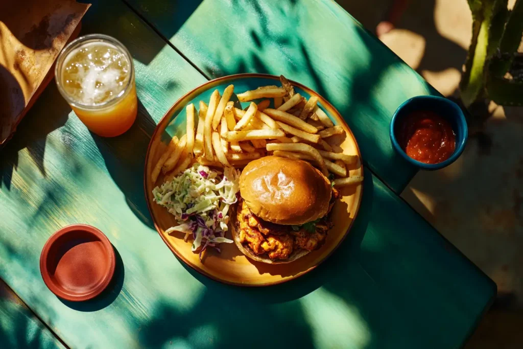 Pan Con Pollo served with French fries, coleslaw, and a refreshing drink on a colorful dining setup