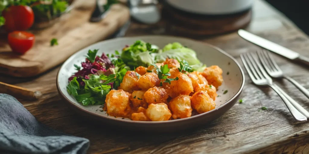 A plated serving of tater tot casserole with a fresh salad, ready to be enjoyed at dinner.