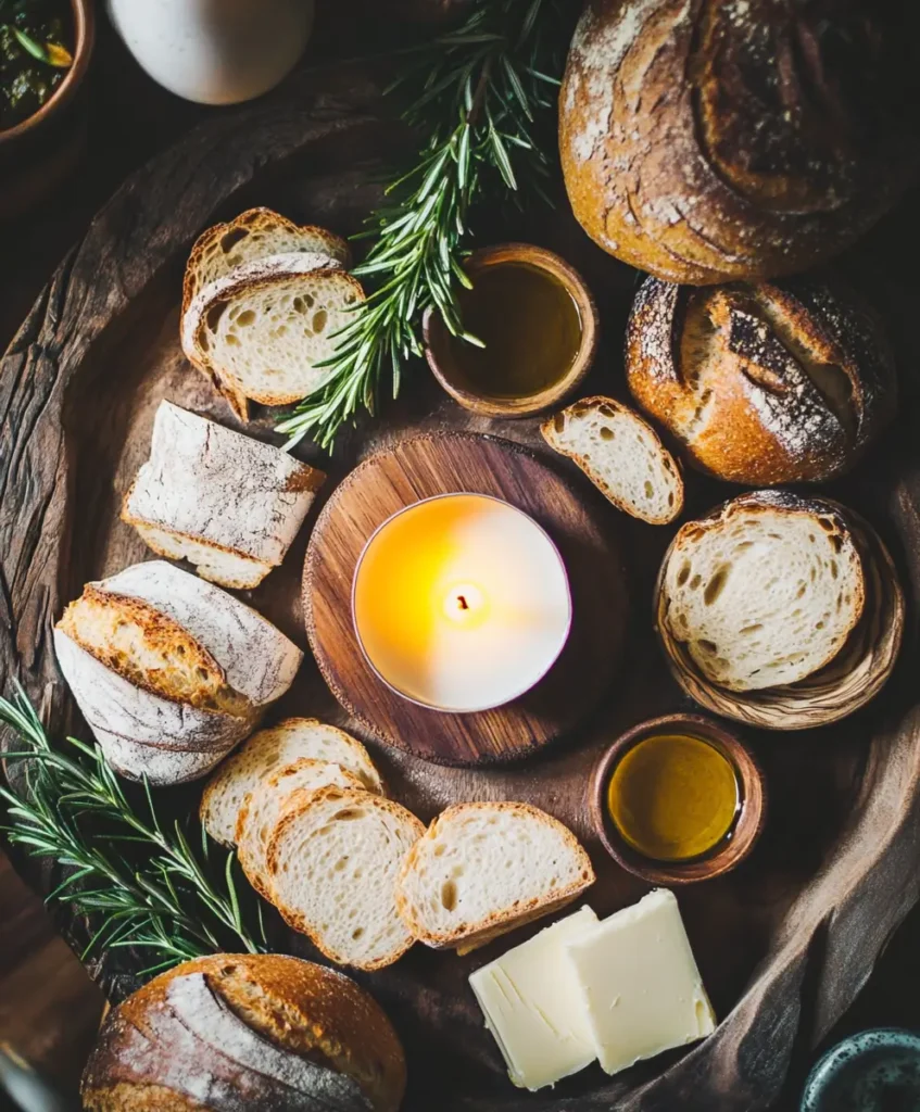 Butter candle served with different types of bread on a rustic platter with fresh herbs.