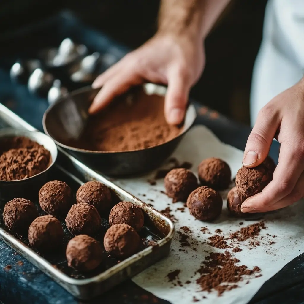 Hands rolling homemade chocolate truffles with cocoa powder and a baking tray.