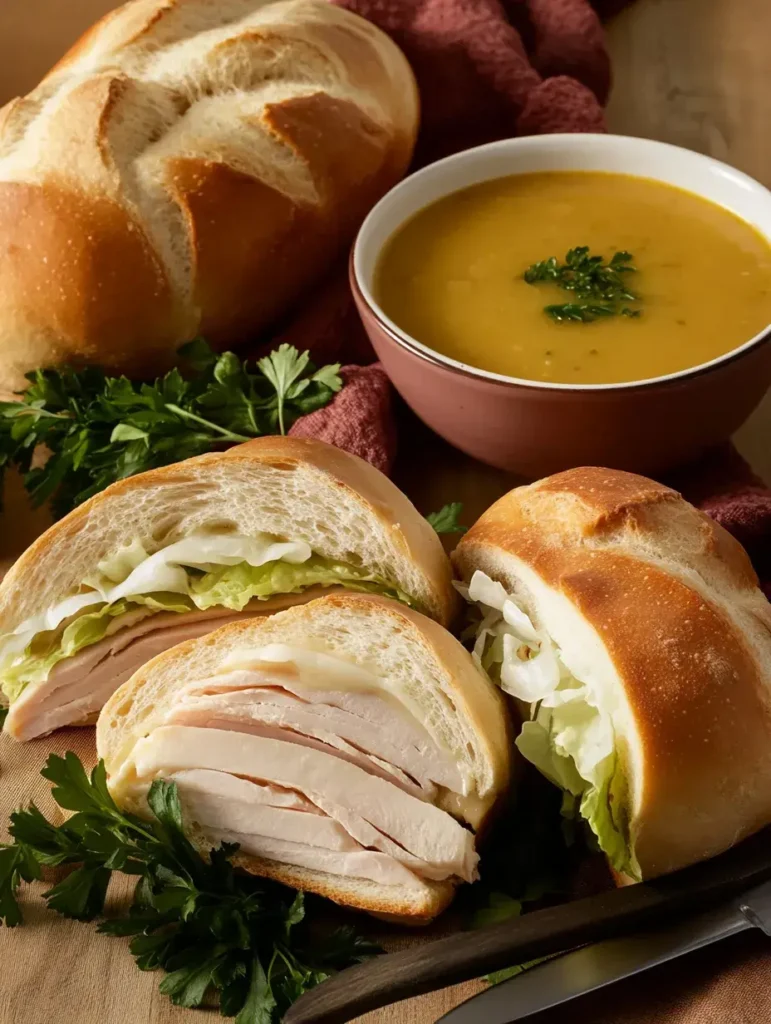 Kaiser roll used for a turkey sandwich, with another roll served beside a bowl of soup and fresh herbs.