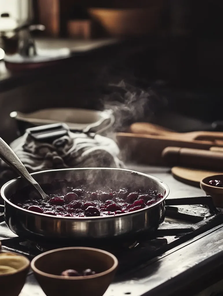 A saucepan of cherry-cranberry sauce being enhanced with raisins and chopped walnuts, adding texture and flavor.