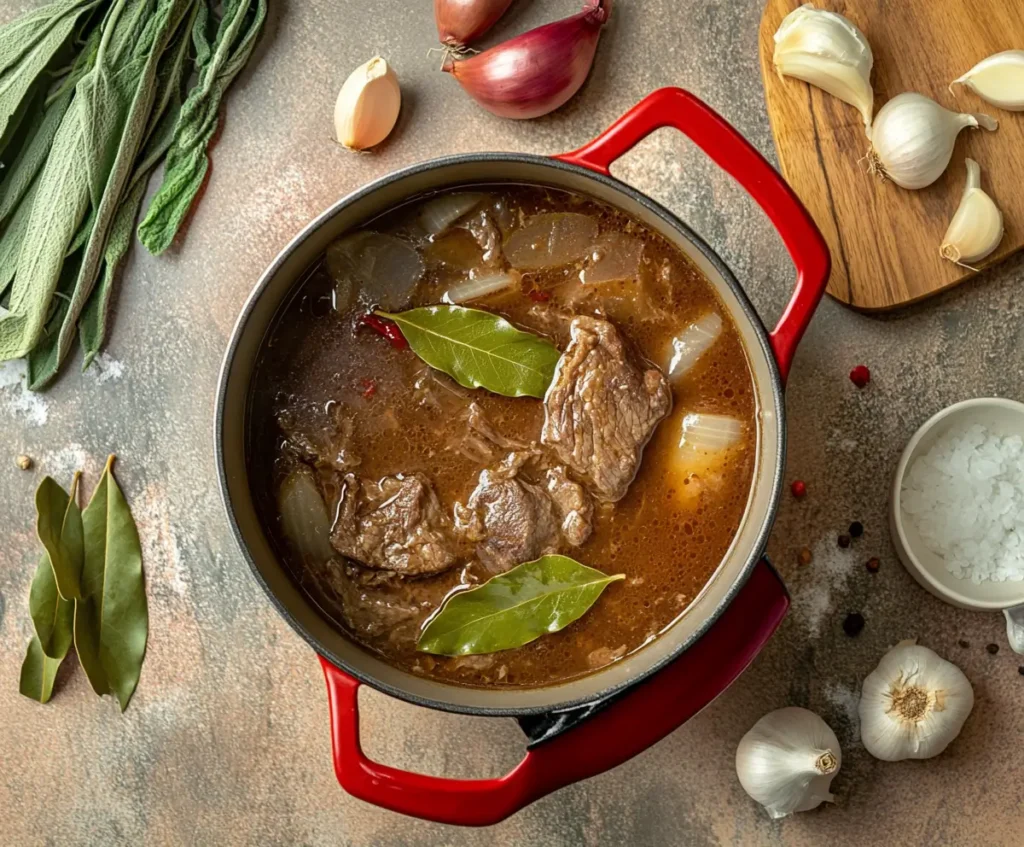 Beef simmering in a pot with spices, garlic, and chilies for carne deshebrada preparation.