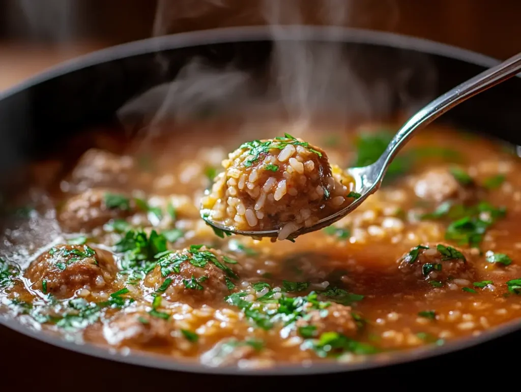 A ladle lifting porcupine soup with rice meatballs from a steaming pot, garnished with herbs.