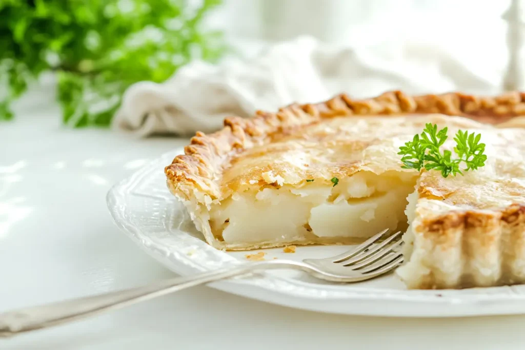 A slice of Passover potato pie served on a white plate with a crispy crust and fluffy interior.