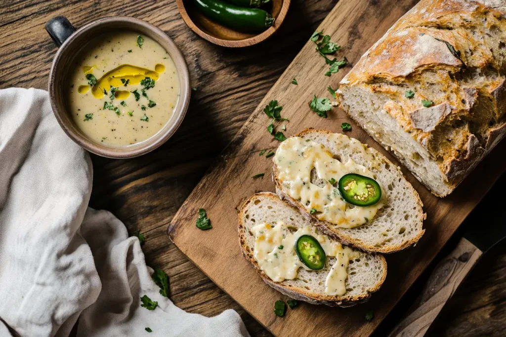 Sliced vegan jalapeno cheese artisan bread on a wooden cutting board with vegan butter, soup, and fresh herbs.