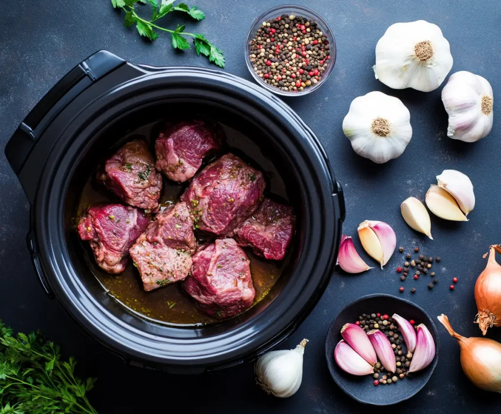 Slow cooker filled with seasoned beef cheek meat, surrounded by fresh ingredients on a kitchen counter