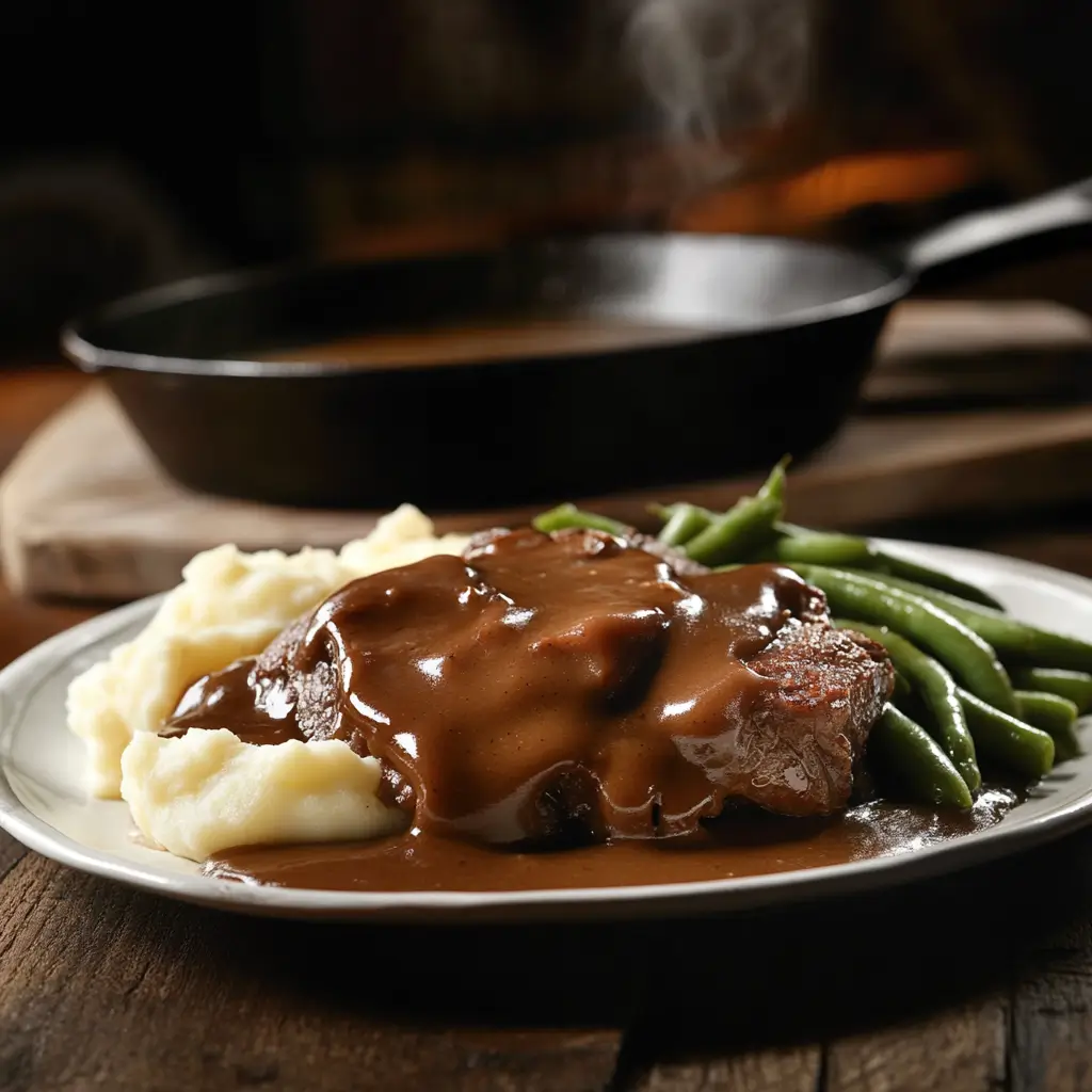 Tender smothered steak covered in rich gravy, served with mashed potatoes and green beans.