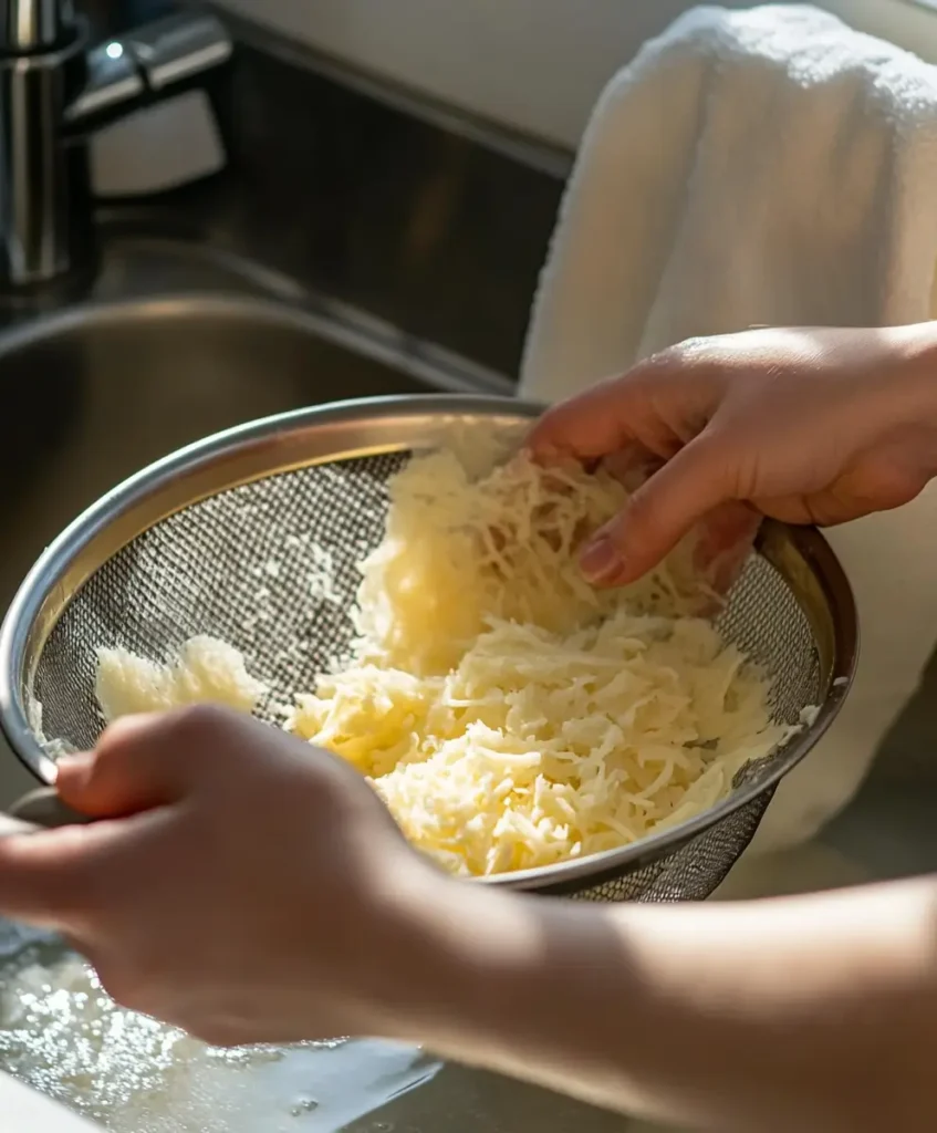 Draining and patting dry grated potatoes to remove excess moisture before mixing the batter