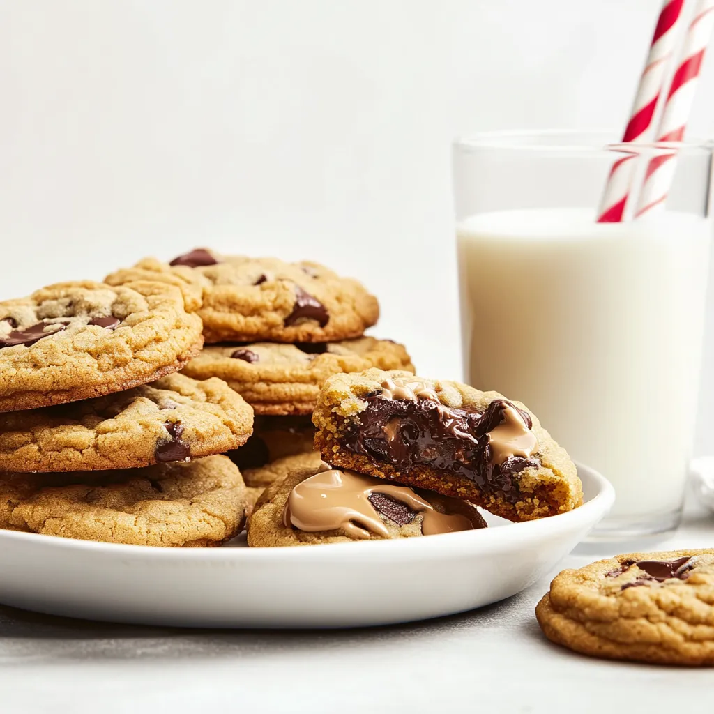 A plate of Disney chocolate chip cookies with a gooey chocolate center, served with milk.