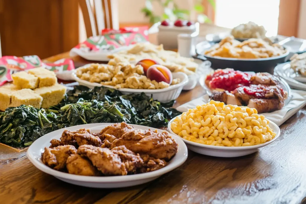 Southern feast featuring fried chicken, collard greens, macaroni and cheese, peach cobbler, and cornbread for Martin Luther King Jr. Day