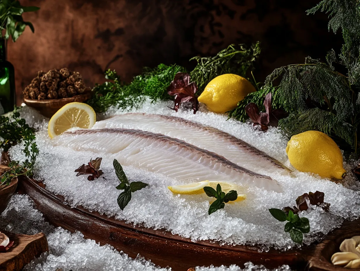 A seafood store display featuring fresh Matjes herring fillets and other European delicacies.