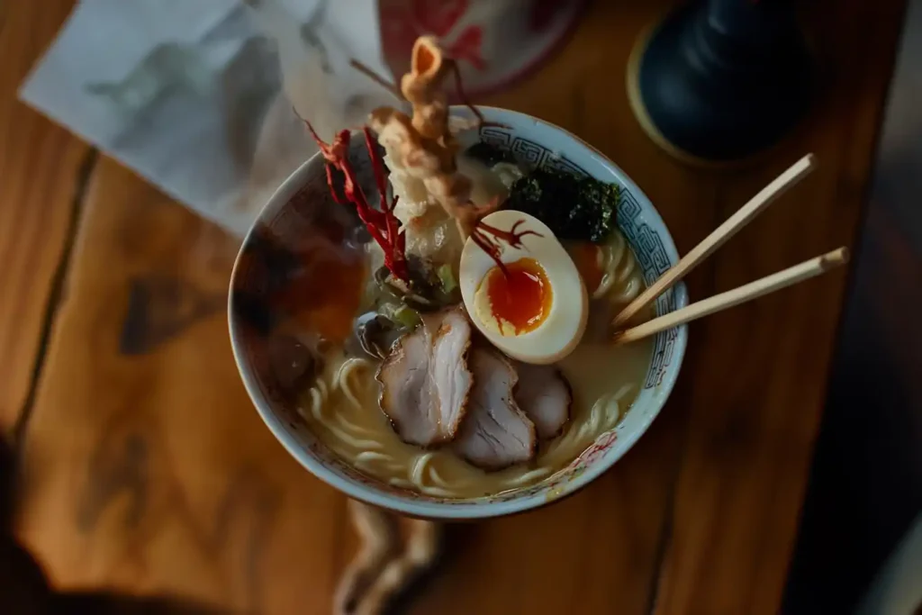 Steaming bowl of spicy tonkotsu ramen with creamy broth, chashu pork, soft-boiled egg, and shiitake mushrooms, topped with chili oil and scallions