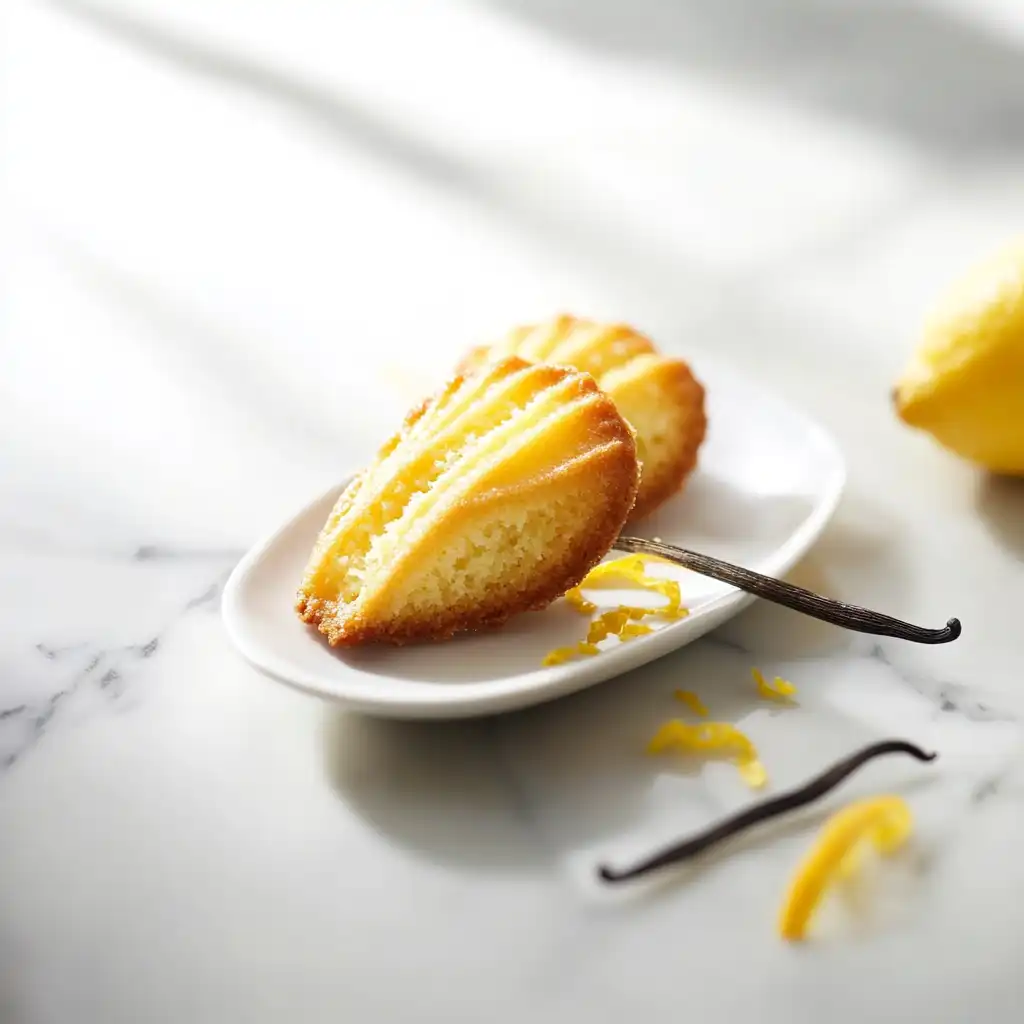 Madeleine cookies dipped in chocolate and sprinkled with nuts, served with a cup of tea.