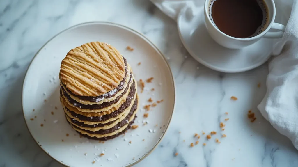 Close-up of stacked vanilla and chocolate wafer cookies on a white plate with coffee in the background