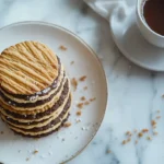 Close-up of stacked vanilla and chocolate wafer cookies on a white plate with coffee in the background