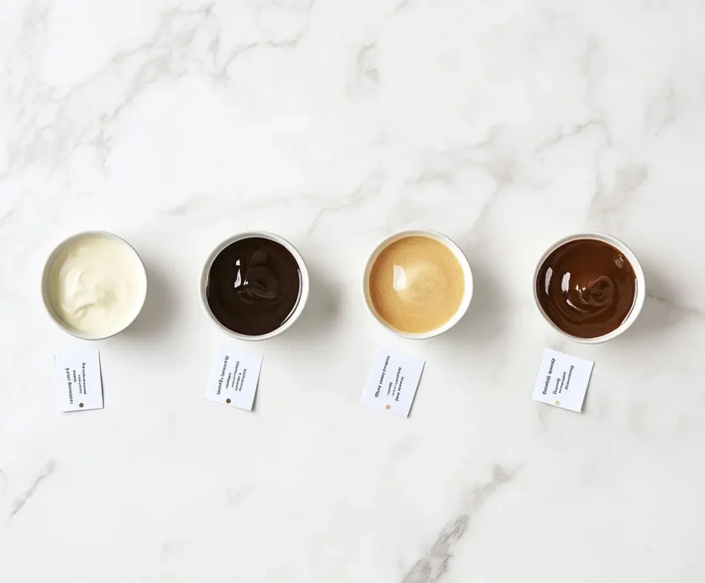 Four bowls displaying the stages of roux: white, blond, brown, and dark brown, labeled and neatly arranged on a countertop.