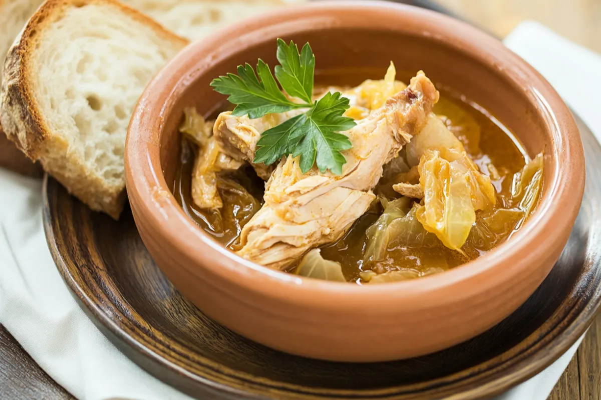 A bowl of Healthy Chicken and Cabbage Soup with chunks of chicken, cabbage, and carrots, garnished with fresh parsley.