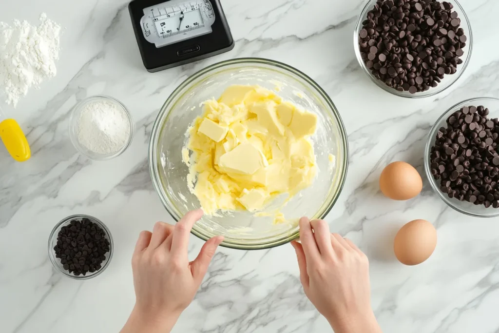 A baker creaming butter and sugars surrounded by pre-measured ingredients for cookies.