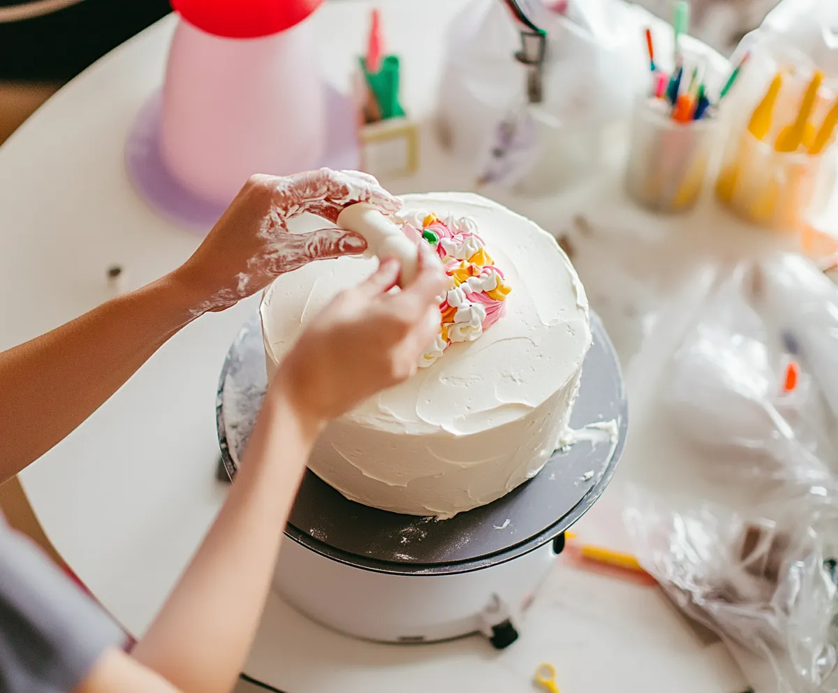 A baker demonstrates how to frost a graduation cake layer,