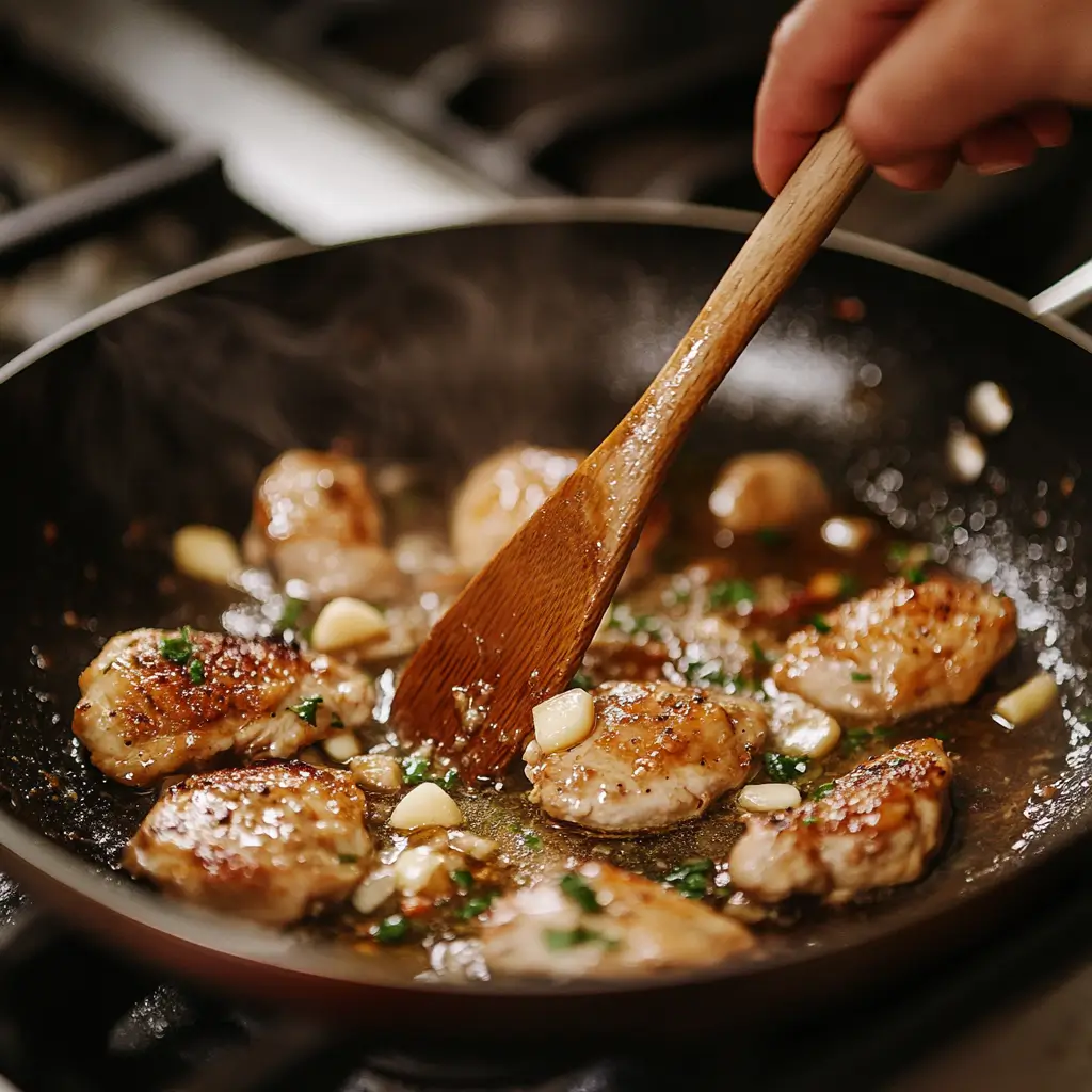 Golden chicken searing in a skillet with butter and garlic, with a wooden spoon stirring the creamy sauce.