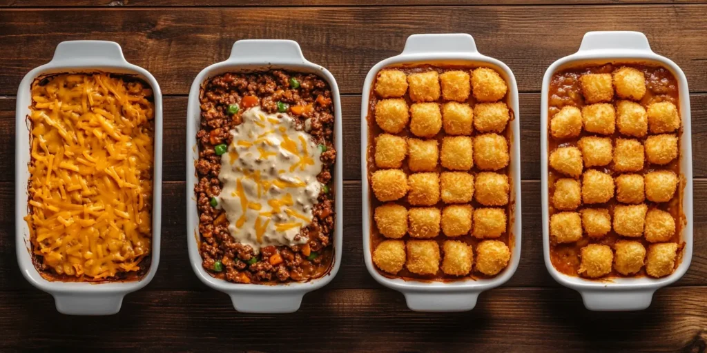 Step-by-step layering of tater tot casserole with beef, cheese, and tater tots arranged neatly in a baking dish.