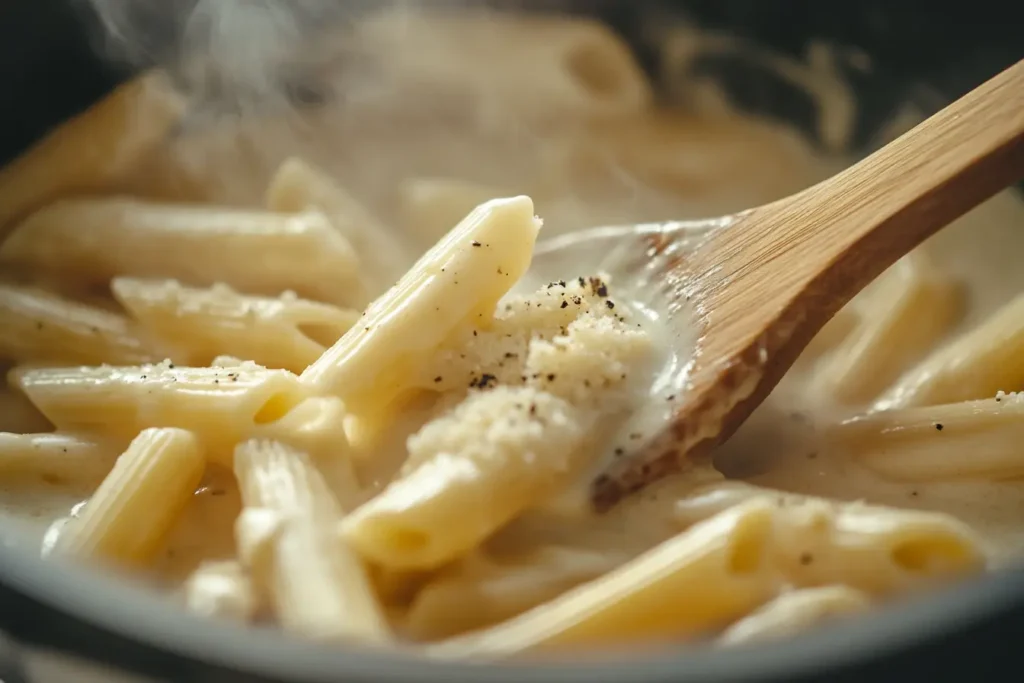 Penne pasta being stirred into a creamy sauce with a wooden spoon, steam rising for a comforting touch.